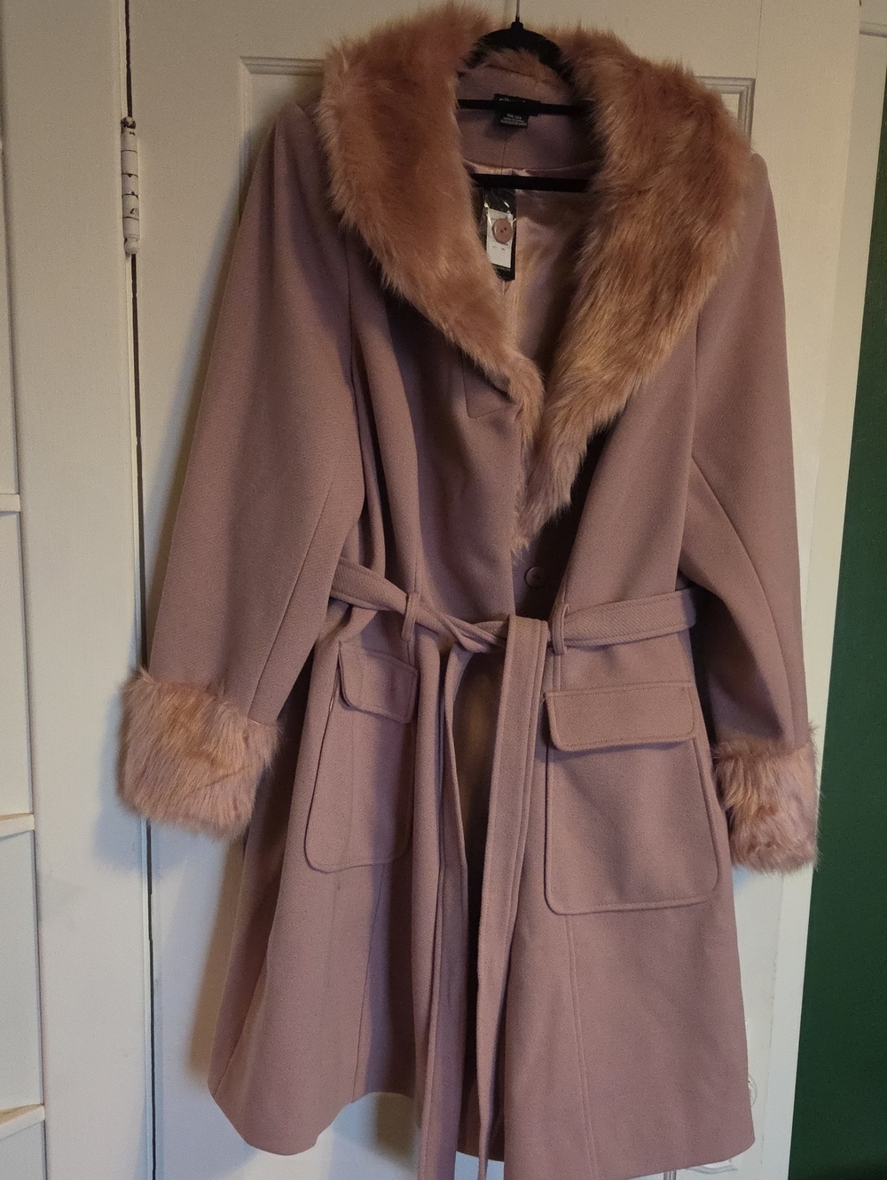 Women's Dusty Rose Faux Fur Trim Coat